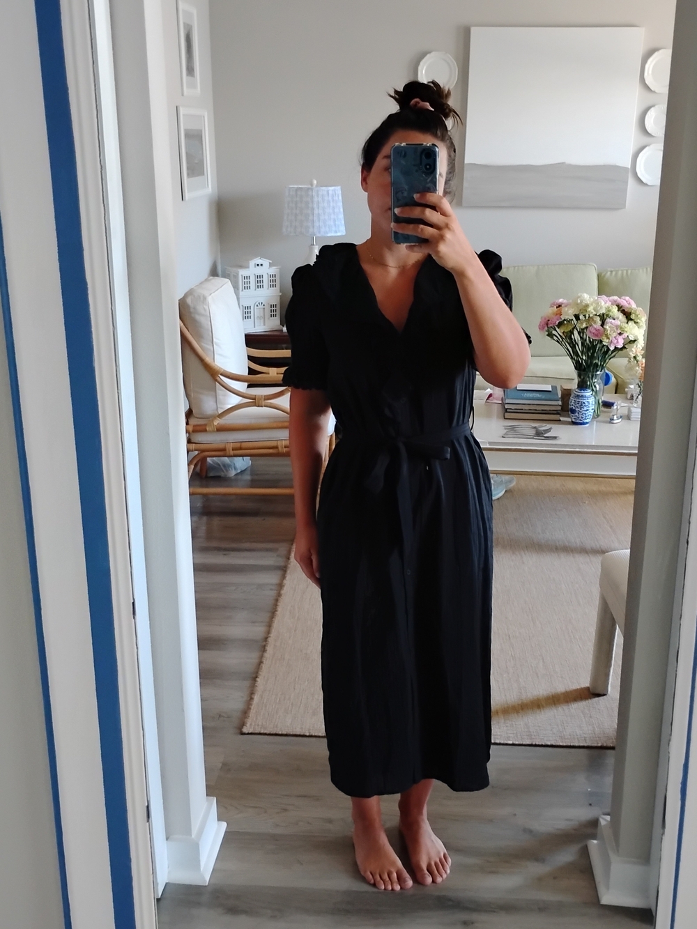 100% Cotton Black Midi Dress with Puff Sleeves Doen Vibes